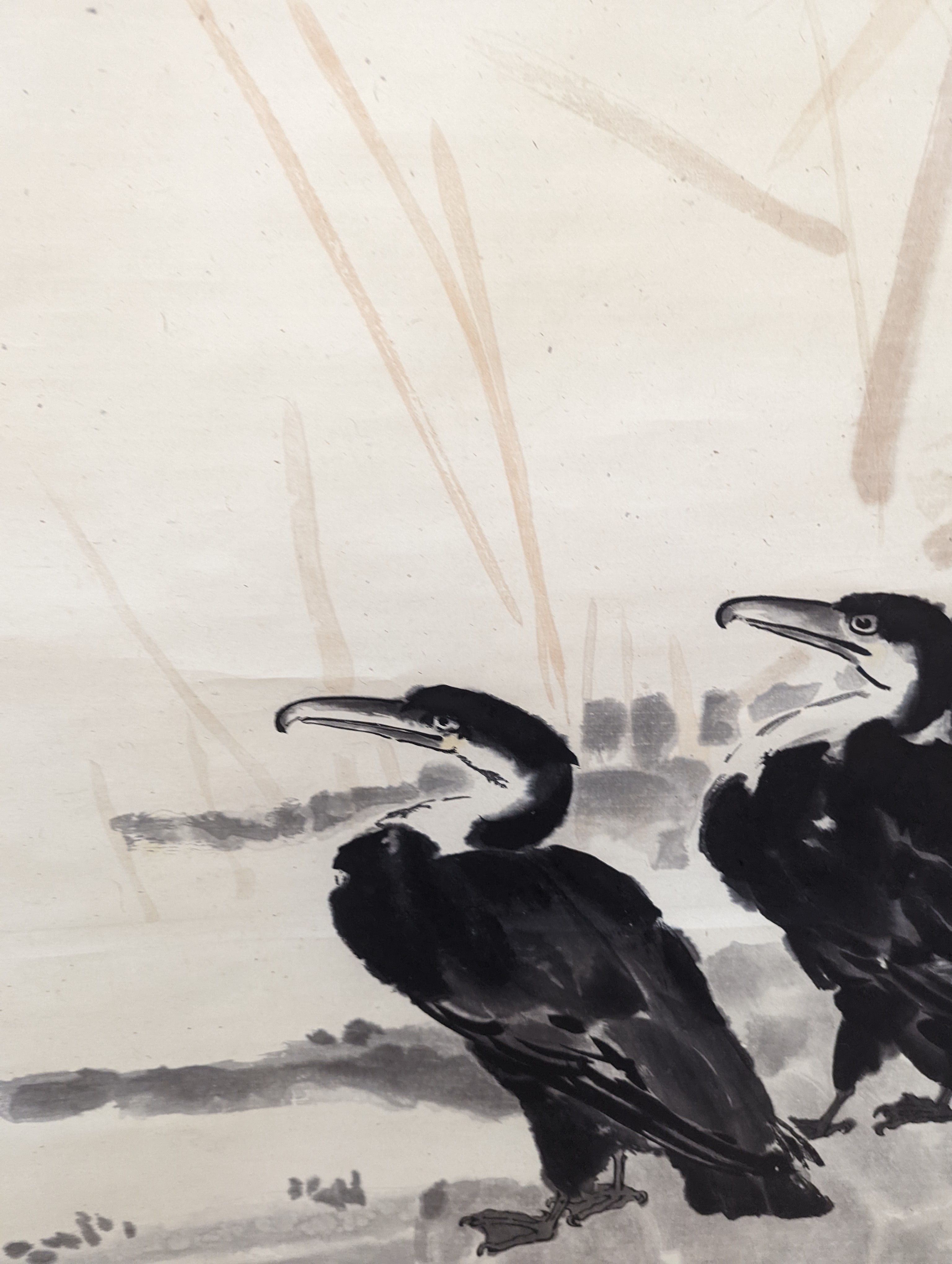 Two mid 20th century Japanese watercolour on paper scroll paintings, Boatman in a landscape, 79.5 x 113cm, and Cormorants on a bank, 103 x 106cm